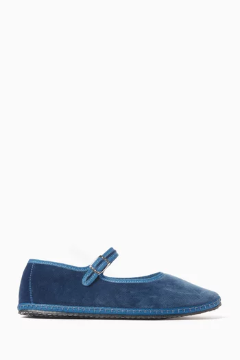 MARY JANE UPPER COTTON VELVET WITH LINING COTTON WITH STRAP AND IRON BUCKLE DETAIL AND RUBBER SOLE:Blue:36|219077674