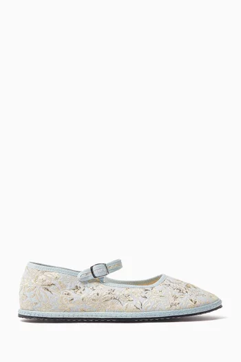 Floral-embroidered Mary Jane Flats in Satin