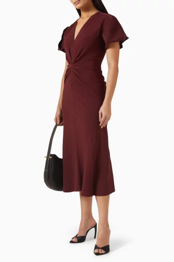 Gathered V-Neck Twist Midi Dress