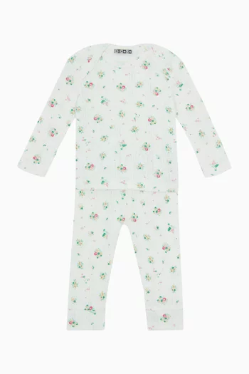 طقم بنطال وبلوزة بنقشة زهور قماش منسوج