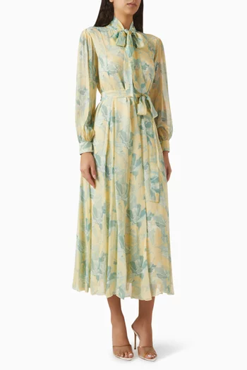 Bow-neck Belted Dress in Georgette