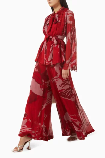 بنطال واسع الساقين مزين بنقشة شيفون