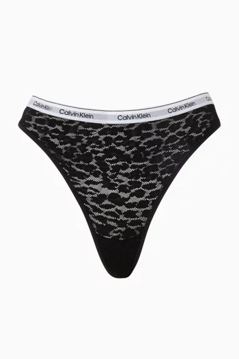 سروال تحتي بتصميم ثونغ وفتحة ساق أعلى الأرداف دانتيل بنقشة جلد الفهد