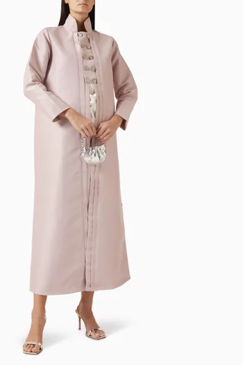 High-collared abaya with front gold button detailing and a sleek straight cut, In Bridal Satin:Purple    :S|219127140