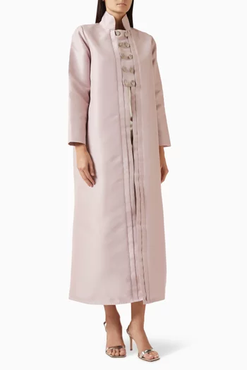 High-collared abaya with front gold button detailing and a sleek straight cut, In Bridal Satin:Purple    :S|219127140