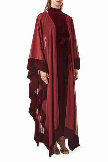 "Set with a velvet abaya trimmed in chiffon,layered over a velvet inner dresswith raglan sleeves and a separate belt.":Red    :S|219127777