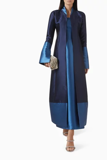 "Elegant two-tone abaya in taffeta witha fitted cut and back slit, styled with amatching fitted inner.":Blue    :L|219127748