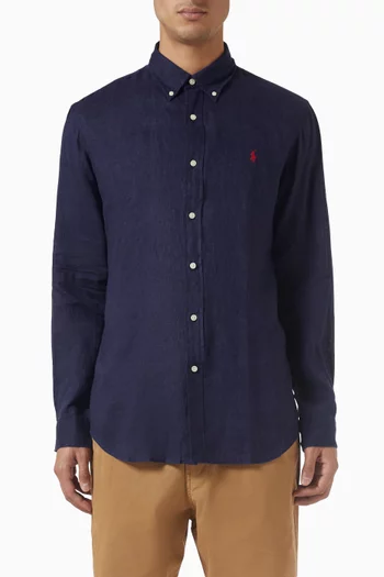 قميص بتطريز شعار لاعب البولو على الحصان كتان