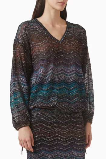 Sequin-embellished Blouse in Chevron Lamé Viscose