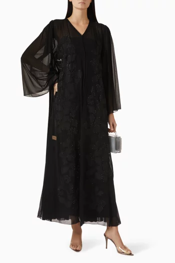 Pleated Lace-embroidered Abaya