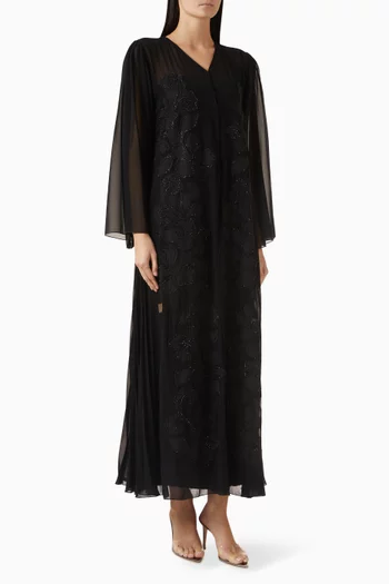 Pleated Lace-embroidered Abaya
