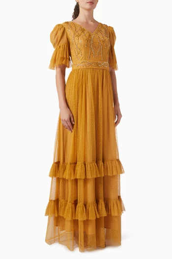 Bead-embellished Belted Dress in Tulle