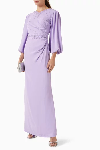 Bead-embellished Belted Dress in Chiffon