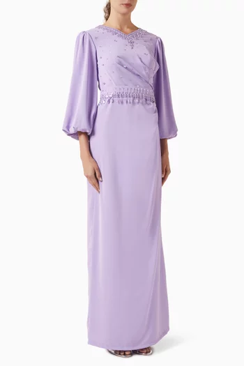 Bead-embellished Belted Dress in Chiffon