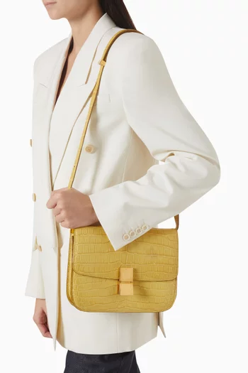 حقيبة كتف متوسطة بتصميم كلاسيكي مربع جلد تمساح