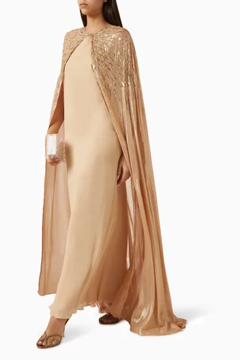 Sequin-embellished Cape Dress in Georgette