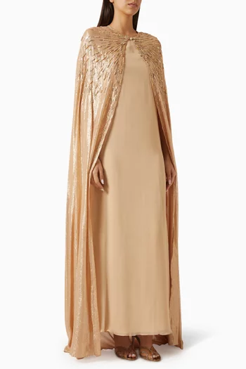 Sequin-embellished Cape Dress in Georgette