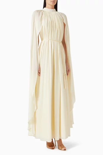 Pleated Belted Gown in Indian Crepe