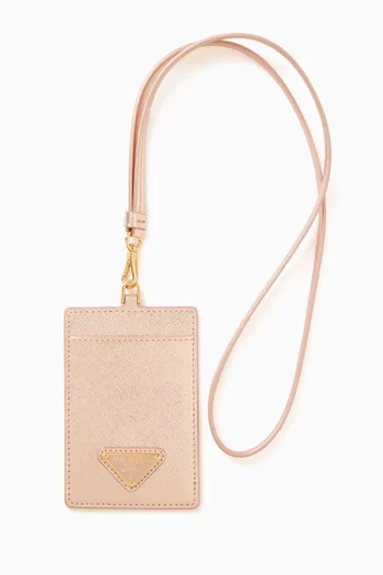 Triangle Logo Badge Holder in Metallic Saffiano Leather