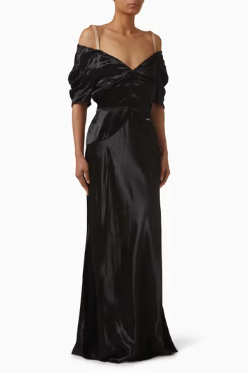 فستان بفتحة رقبة بأكتاف مكشوفة ستان