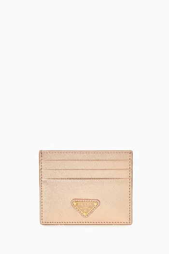 Triangle Logo Card Holder in Metallic Saffiano Leather