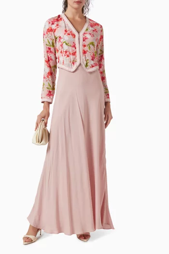 فستان طويل بصدرية مزينة بنقشة زهور