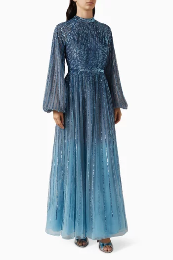 فستان سهرة مطرز بالترتر بألوان متدرجة