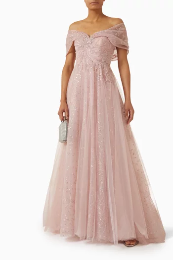 Embroidered Off-shoulder Ball Gown in Tulle