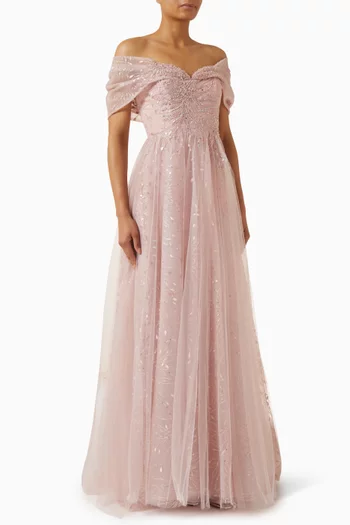 Embroidered Off-shoulder Ball Gown in Tulle