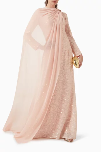 Sequin-embellished Gown in Fringe Jacquard & Chiffon