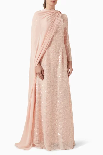 Sequin-embellished Gown in Fringe Jacquard & Chiffon