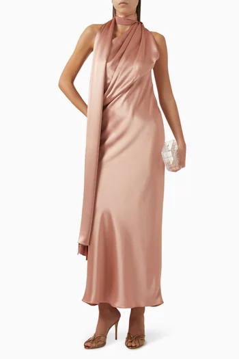 Draped Scarf Neck Maxi Dress in Satin