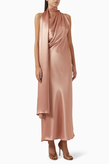 Draped Scarf Neck Maxi Dress in Satin