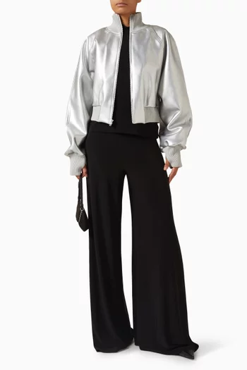 جاكيت بومبر بقصة فضفاضة وياقة عالية جلد صناعي