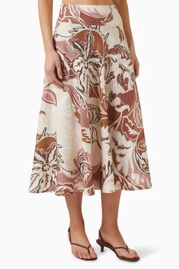 Printed Midi Skirt in Linen