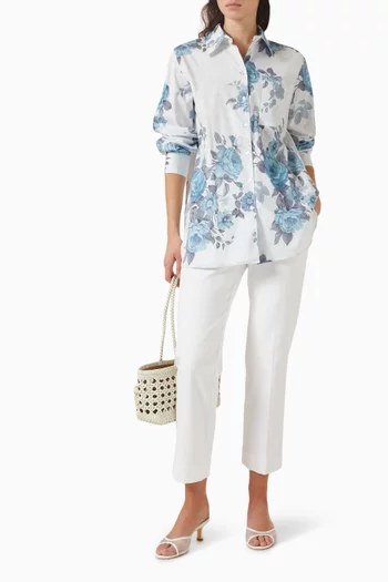 قميص بقصة فضفاضة ونقشة زهور قطن مطاطي