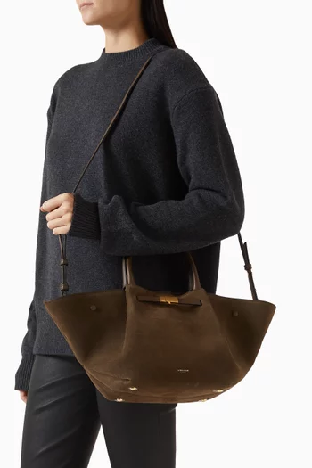 MIDI NEW YORK TRAPEZE SHAPED TOTE BAG IN SMOOTH SUEDE WITH GOLD HARDWARE AND LEATHER STRAP:KHAKI:One Size|219187551