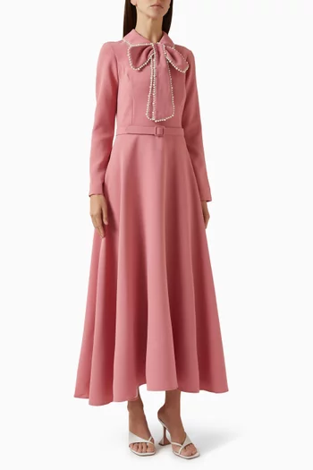 Pearl Bow Belted Midi Dress
