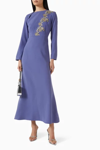 Bead-embellished Belted Dress in Crepe