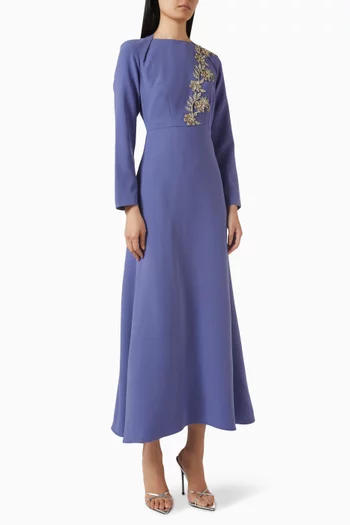 Bead-embellished Belted Dress in Crepe