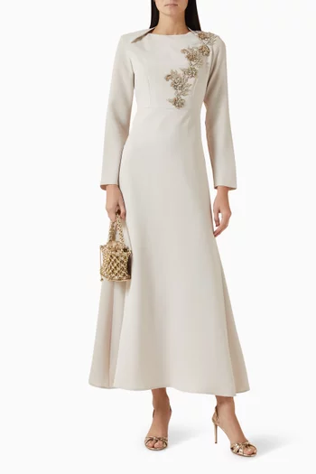 Bead-embellished Belted Dress in Crepe