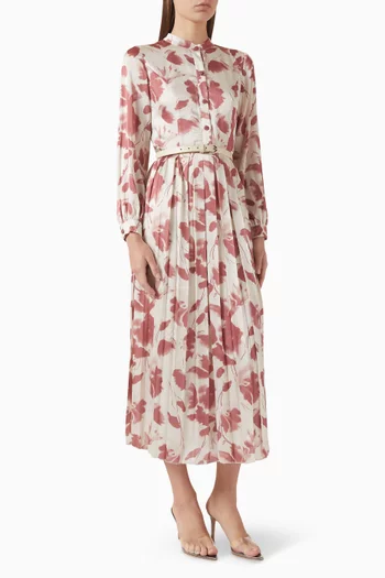 Printed Pleated Midi Dress in Chiffon