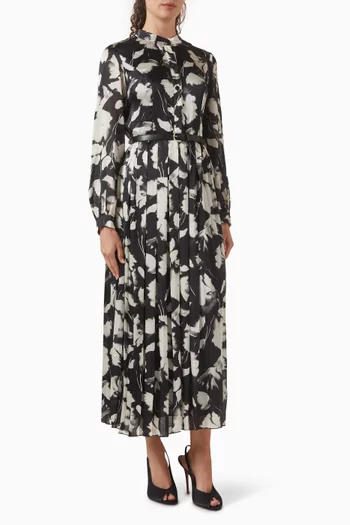 Printed Pleated Midi Dress in Chiffon