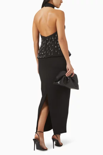 فستان فالنتينا مطرز بالكريستال وخصر على شكل جرس