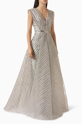 V-neck Striped Maxi Dress in Organza
