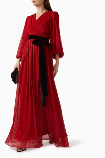 Belted V-neck Dress in Lurex Knit Mesh