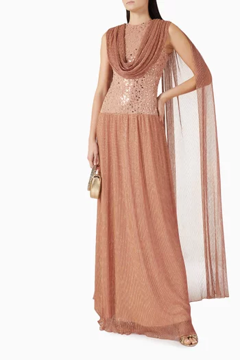 Sequin-embellished Gown in Lurex Knit Mesh & Tulle