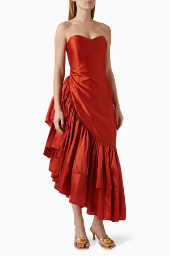 Peacock Ruffle-hem Maxi Dress in Taffeta