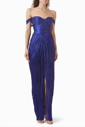 فستان سهرة سوزي بأكتاف مكشوفة حرير بطيّات بليسيه