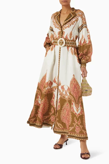 فستان فلوريستا بحزام مزيج كتان